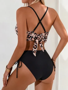 SHEIN Swim Women's Sexy Backless Swimwear Set With Ruffled Hem And Leopard Print, Suitable For Beach Vacation - Multicolor - View 2