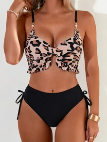 SHEIN Swim Women's Sexy Backless Swimwear Set With Ruffled Hem And Leopard Print, Suitable For Beach Vacation - Multicolor - View 5
