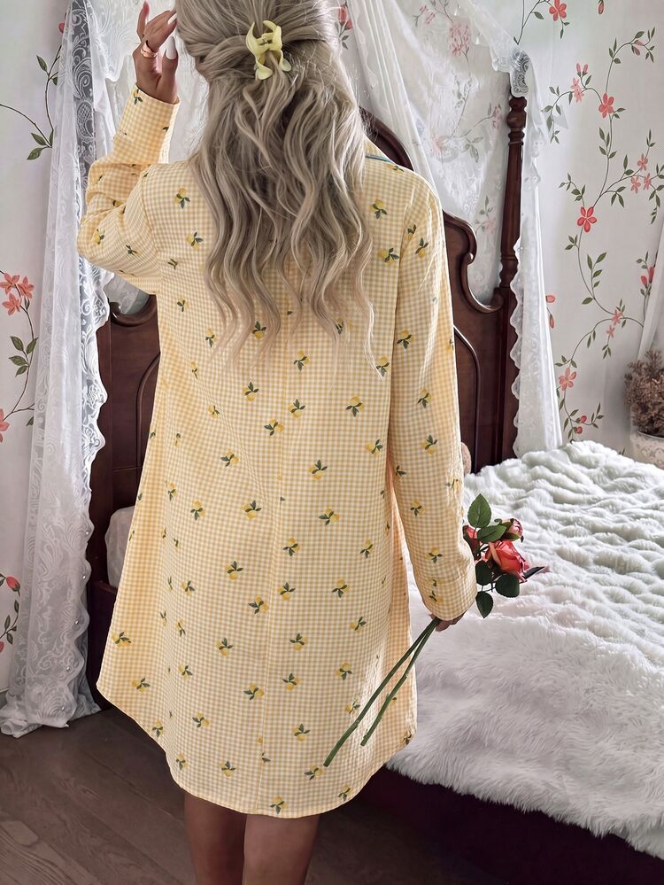 CottageSlumber Romantic Cute Cottage Plaid Lemon Print Cute Long Sleeve Women's Nightgown Sleep Slumber White And Yellow Autumn - Multicolor - View 2