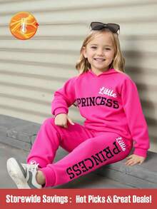 SHEIN Young Girl 2pcs/Set Casual Hooded Sweatshirt With English Letter Print And Pants With Letter Pattern For Spring And Autumn - Hot Pink - View 4