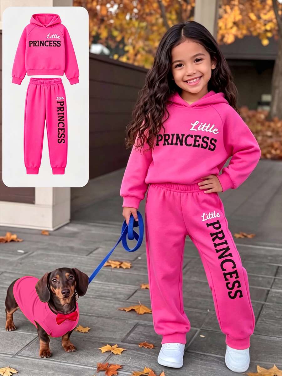 SHEIN Young Girl 2pcs/Set Casual Hooded Sweatshirt With English Letter Print And Pants With Letter Pattern For Spring And Autumn - Hot Pink - View 1