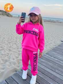 SHEIN Young Girl 2pcs/Set Casual Hooded Sweatshirt With English Letter Print And Pants With Letter Pattern For Spring And Autumn - Hot Pink - View 5