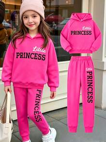 SHEIN Young Girl 2pcs/Set Casual Hooded Sweatshirt With English Letter Print And Pants With Letter Pattern For Spring And Autumn - Hot Pink - View 3