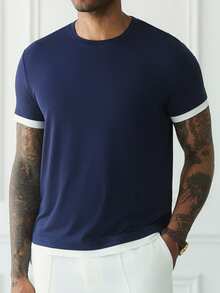 HUEFORM Men's Summer Anti-Wrinkle Colorblock Minimalist Casual Daily Commute Versatile Short Sleeve Top - Navy Blue - View 3