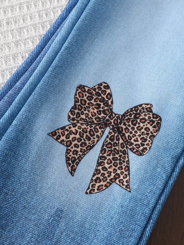 2pcs Young Girls 4-7Y Bow Denim Print Flare Pants, Elastic Waist Warm Bell Bottom Trousers For Fall Winter Daily School Outdoor Play Brown - Black - View 6