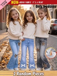 2件裝 4-7歲女童蝴蝶結丹寧印花喇叭褲，彈性腰保暖寬腳褲，適合秋冬日常上學與戶外玩耍，棕色 - 黑色 - 查看 3