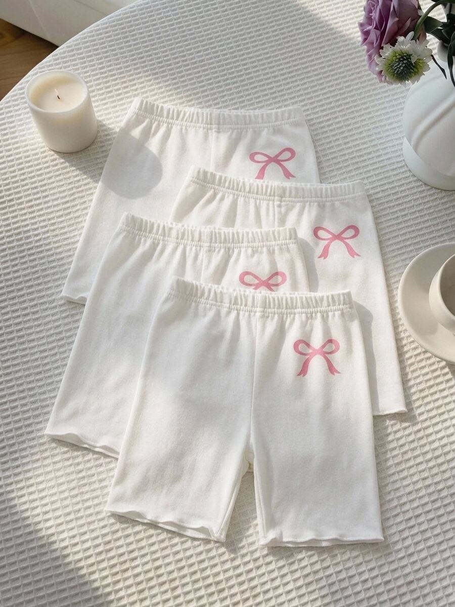 SHEIN Young Girl Bowknot Thin Frill Trim Anti-Exposure Leggings 4pcs Set - Multicolor - View 1