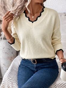 EMERY ROSE Women's Casual V-Neck Dropped Shoulder Long Sleeve Sweater, Autumn,Fall,Cozy Fall And Winter - Apricot - View 3