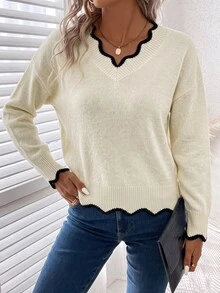 EMERY ROSE Women's Casual V-Neck Dropped Shoulder Long Sleeve Sweater, Autumn,Fall,Cozy Fall And Winter - Apricot - View 4