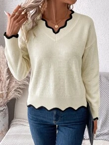 EMERY ROSE Women's Casual V-Neck Dropped Shoulder Long Sleeve Sweater, Autumn,Fall,Cozy Fall And Winter - Apricot - View 5