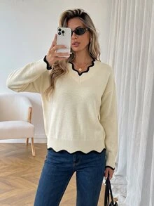 EMERY ROSE Women's Casual V-Neck Dropped Shoulder Long Sleeve Sweater, Autumn,Fall,Cozy Fall And Winter - Apricot - View 6
