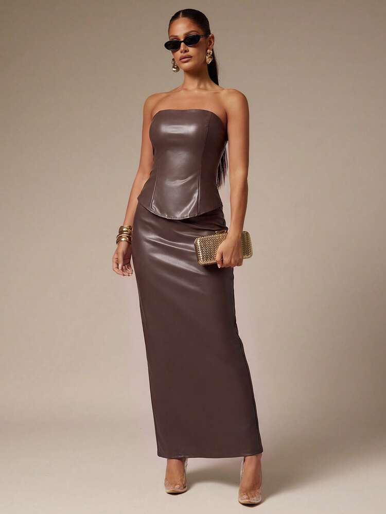 Silquee Women's Solid Color PU Leather Tube Top And Skirt Slim Fit Fashion 2-Piece Set - Brown - View 3