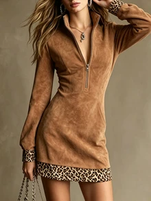 SHEIN Women's Suede Half-Zip Stand Collar Leopard Print Patchwork Contrast Color Long Sleeve Straight Short Dress With Pockets, Retro Casual Loose Flattering Slimming Commuter Style Pullover A-Line Dress For Petite - Brown - View 4