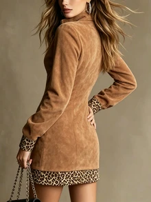 SHEIN Women's Suede Half-Zip Stand Collar Leopard Print Patchwork Contrast Color Long Sleeve Straight Short Dress With Pockets, Retro Casual Loose Flattering Slimming Commuter Style Pullover A-Line Dress For Petite - Brown - View 2