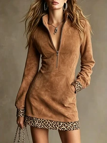 SHEIN Women's Suede Half-Zip Stand Collar Leopard Print Patchwork Contrast Color Long Sleeve Straight Short Dress With Pockets, Retro Casual Loose Flattering Slimming Commuter Style Pullover A-Line Dress For Petite - Brown - View 1