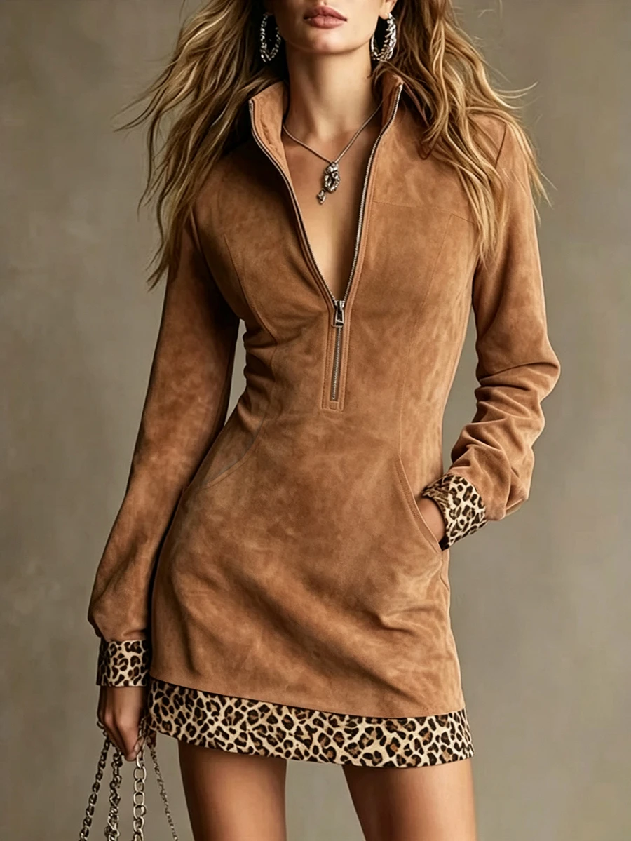 SHEIN Women's Suede Half-Zip Stand Collar Leopard Print Patchwork Contrast Color Long Sleeve Straight Short Dress With Pockets, Retro Casual Loose Flattering Slimming Commuter Style Pullover A-Line Dress For Petite - Brown - View 1