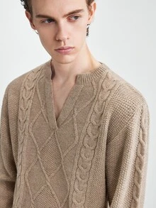 Manfinity CasualKnits 男士V領長袖套頭毛衣，休閒針織秋冬服飾，燕麥色寬鬆版型時尚百搭麻花菱格紋長袖套頭毛衣 - 卡其色 - 查看 6