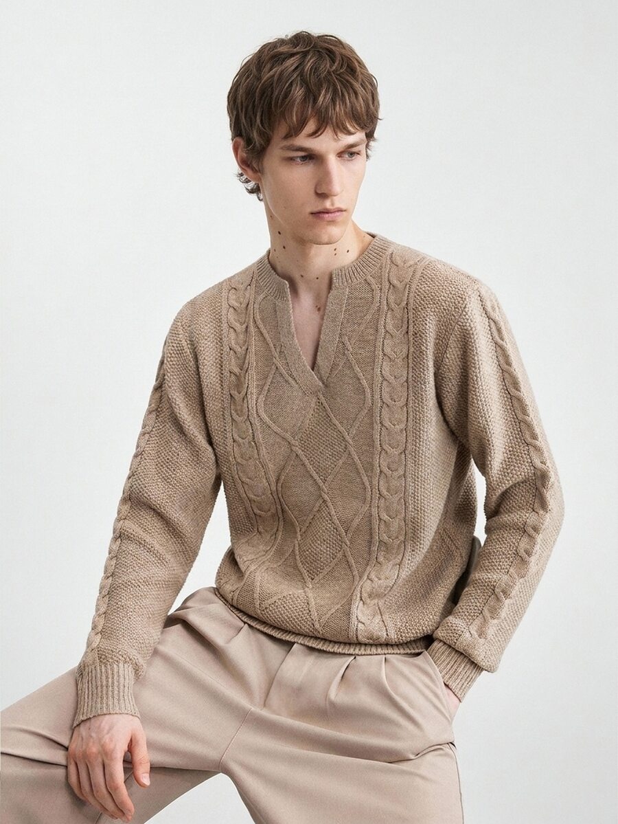 Manfinity CasualKnits 男士V領長袖套頭毛衣,休閒針織秋冬服飾,燕麥色寬鬆版型時尚百搭麻花菱格紋長袖套頭毛衣 - 卡其色 - 查看 1