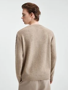 Manfinity CasualKnits 男士V領長袖套頭毛衣，休閒針織秋冬服飾，燕麥色寬鬆版型時尚百搭麻花菱格紋長袖套頭毛衣 - 卡其色 - 查看 5