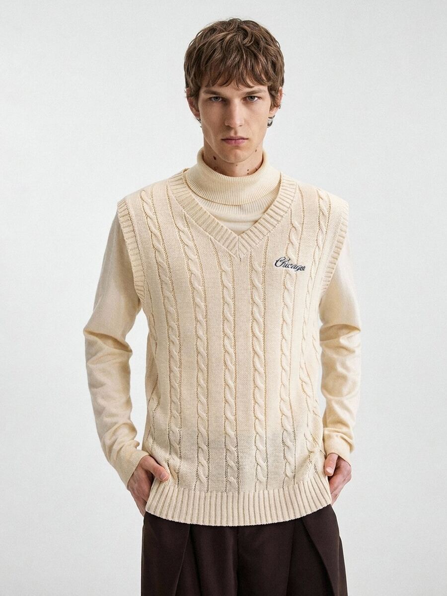 RONVEXI Men's Letter Pattern Casual Daily Wear Knitted Vest Festival Boys Fall/Winter Daily New Pull, Sweaters - Apricot - View 1