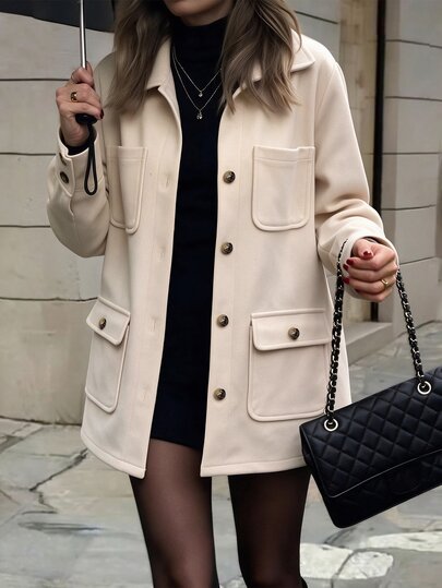 SHEIN PariChic Jaqueta Sólida Casual de Outono com Múltiplos Bolsos, Jaqueta Casual Feminina com Botões na Frente para o Final do Outono, Bolso, Manga Regular, Gola Solta, Casaco Liso Cor de Damasco Feminino, Uso Casual Diário
