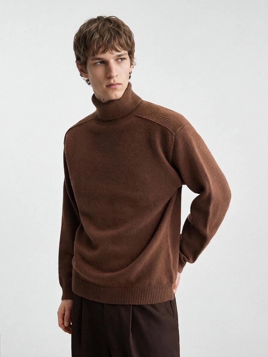 RONVEXI Sweater Pria Model Vintage Fashion Kerah Tinggi Lengan Panjang untuk Pemakaian Sehari-hari - Coklat - View 1