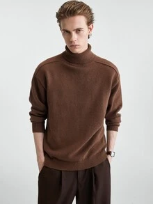 RONVEXI Sweater Pria Model Vintage Fashion Kerah Tinggi Lengan Panjang untuk Pemakaian Sehari-hari - Coklat - View 7