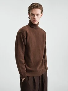 RONVEXI Sweater Pria Model Vintage Fashion Kerah Tinggi Lengan Panjang untuk Pemakaian Sehari-hari - Coklat - View 5