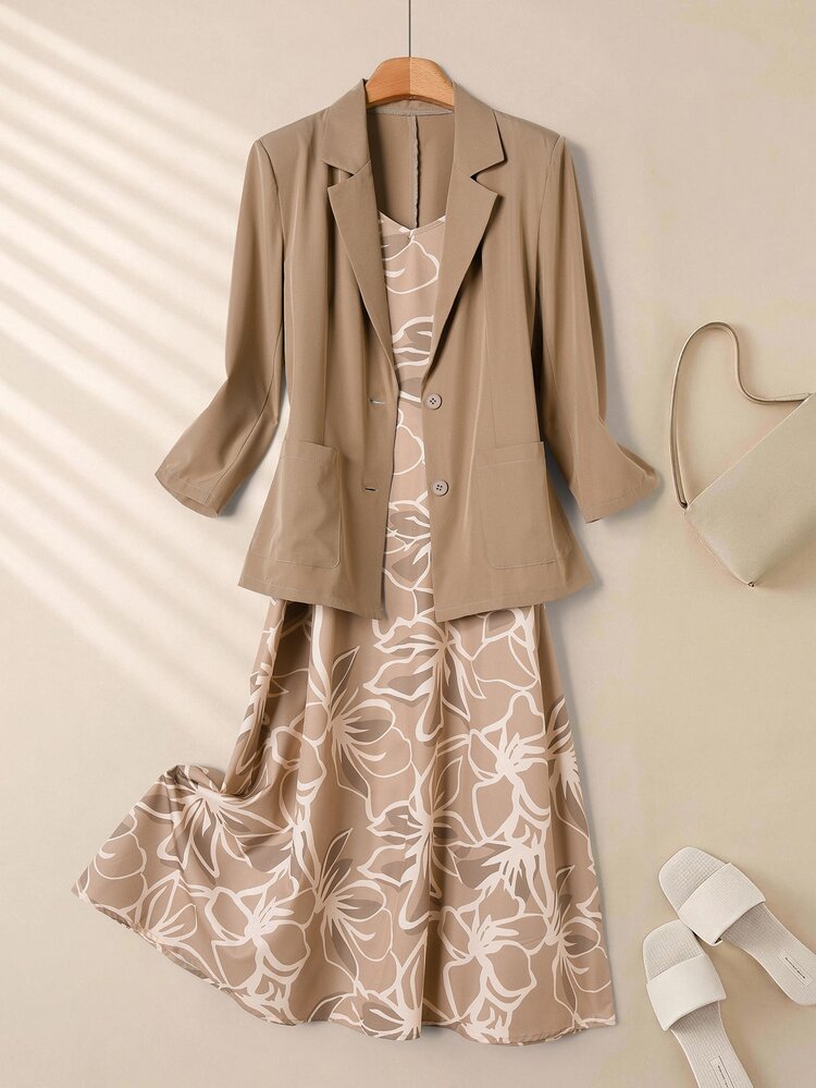 Rusticease Women's Floral Print Elegant Camisole Dress And Notch Lapel Double Pocket Blazer 2 Pieces Set - Multicolor - View 3