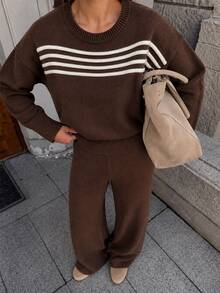 SHEIN Women Round Neck Long Sleeve Striped Sweater And Sweater Pant 2pcs Set Co-Ords - Brown - View 2