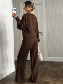 SHEIN Women Round Neck Long Sleeve Striped Sweater And Sweater Pant 2pcs Set Co-Ords - Brown - View 7