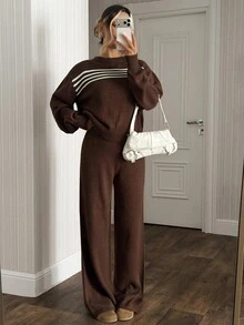 SHEIN Women Round Neck Long Sleeve Striped Sweater And Sweater Pant 2pcs Set Co-Ords - Brown - View 8