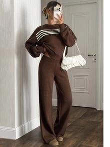 SHEIN Women Round Neck Long Sleeve Striped Sweater And Sweater Pant 2pcs Set Co-Ords - Brown - View 5