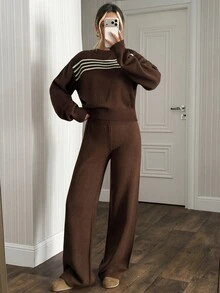 SHEIN Women Round Neck Long Sleeve Striped Sweater And Sweater Pant 2pcs Set Co-Ords - Brown - View 4