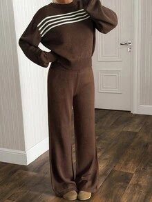 SHEIN Women Round Neck Long Sleeve Striped Sweater And Sweater Pant 2pcs Set Co-Ords - Brown - View 3