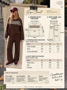 SHEIN Women Round Neck Long Sleeve Striped Sweater And Sweater Pant 2pcs Set Co-Ords - Brown - View 1