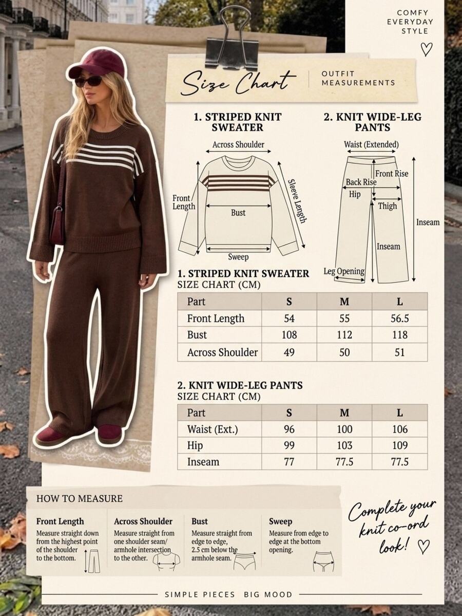 SHEIN Women Round Neck Long Sleeve Striped Sweater And Sweater Pant 2pcs Set Co-Ords - Brown - View 1