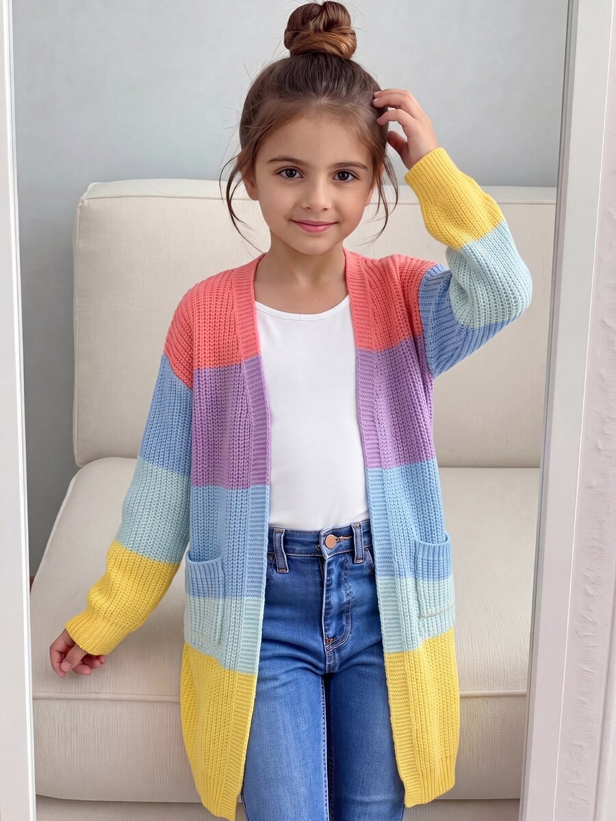SHEIN Kids Young Girl Young Girl Young Girls Young Girl Young Girl Long Cardigan, Rainbow Color Cardigan, Suitable For Autumn/Winter, Back To School Season - Multicolor - View 1