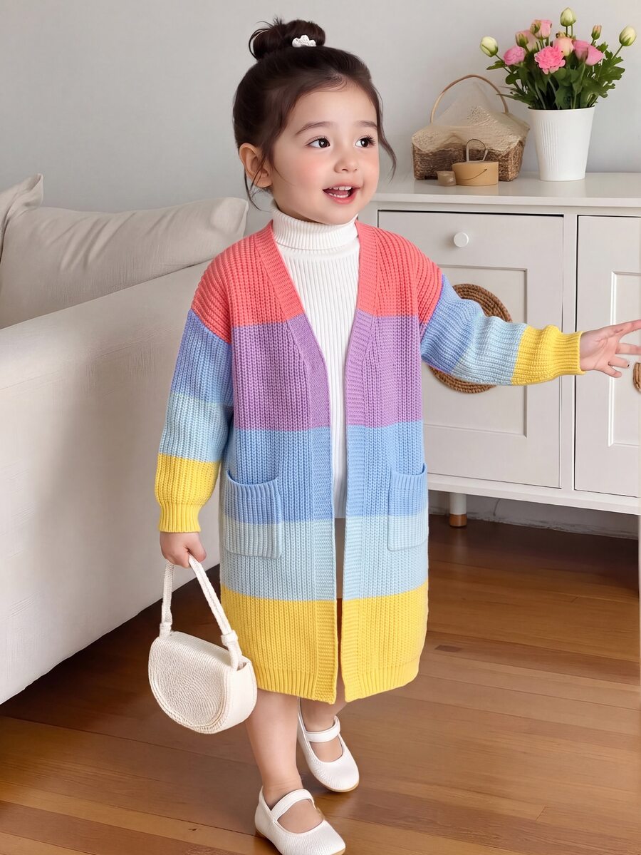 SHEIN Kids Young Girl Young Girl Young Girls Young Girl Young Girl Long Cardigan, Rainbow Color Cardigan, Suitable For Autumn/Winter, Back To School Season - Multicolor - View 1