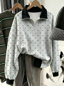 Rovax 波點數位印花時尚簡約寬鬆 Polo 領落肩長袖衛衣，秋季女裝，送給朋友的禮物 - 彩色 - 查看 3