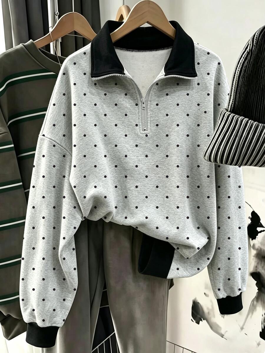 Rovax Polka Dot Digital Print Fashionable Minimalist Loose Polo Collar Drop Shoulder Long Sleeve Sweatshirt Fall Cloth For Women,Gift For Friends - Multicolor - View 1