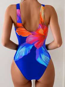 Swim Basics 女士连体多色大花卉图案圆领优雅高衩泳衣，夏季 - 彩色 - 查看 2