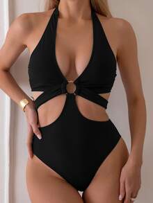 Swim Basics Solid Color Backless Halter Neck One-Piece Swimsuit For Beach, Summer - Black - View 5