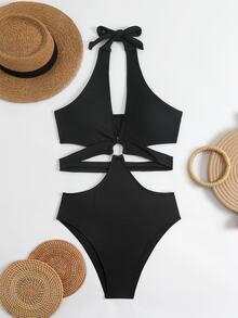 Swim Basics Solid Color Backless Halter Neck One-Piece Swimsuit For Beach, Summer - Black - View 6