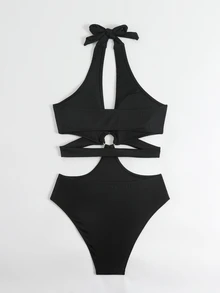 Swim Basics Solid Color Backless Halter Neck One-Piece Swimsuit For Beach, Summer - Black - View 8