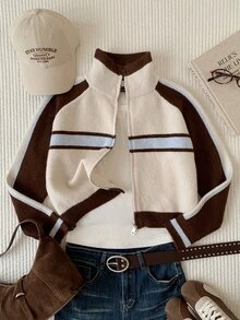 Comfortcana Women's Colorblock Zipper Casual Athleisure Streetwear Activewear Daily Travel Long Sleeve Cardigan Brunch School Brown Apricot Autumn - Multicolor - View 11