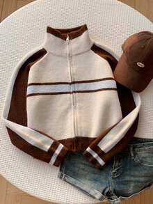 Comfortcana Women's Colorblock Zipper Casual Athleisure Streetwear Activewear Daily Travel Long Sleeve Cardigan Brunch School Brown Apricot Autumn - Multicolor - View 8