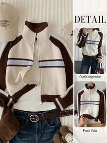 Comfortcana Women's Colorblock Zipper Casual Athleisure Streetwear Activewear Daily Travel Long Sleeve Cardigan Brunch School Brown Apricot Autumn - Multicolor - View 10