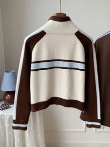 Comfortcana Women's Colorblock Zipper Casual Athleisure Streetwear Activewear Daily Travel Long Sleeve Cardigan Brunch School Brown Apricot Autumn - Multicolor - View 3