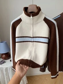 Comfortcana Women's Colorblock Zipper Casual Athleisure Streetwear Activewear Daily Travel Long Sleeve Cardigan Brunch School Brown Apricot Autumn - Multicolor - View 9
